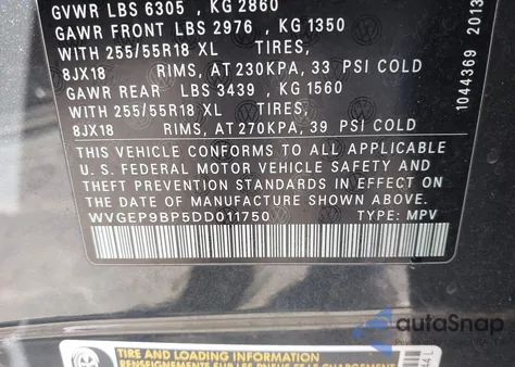 2013 Volkswagen Touareg Tdi Sport из США, поврежденный, VIN WVGEP9BP5DD011750